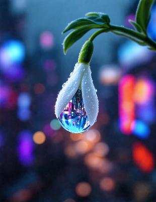 The primary subject of the image is a single drop of water hanging from a stem of a flower. The setting is a cityscape, with a large screen in the background. The visual style is a combination of a photo and digital art, creating a unique and artistic representation of the flower and its drop. The colors and mood of the image are predominantly blue, with a touch of green, giving it a serene and calming atmosphere.